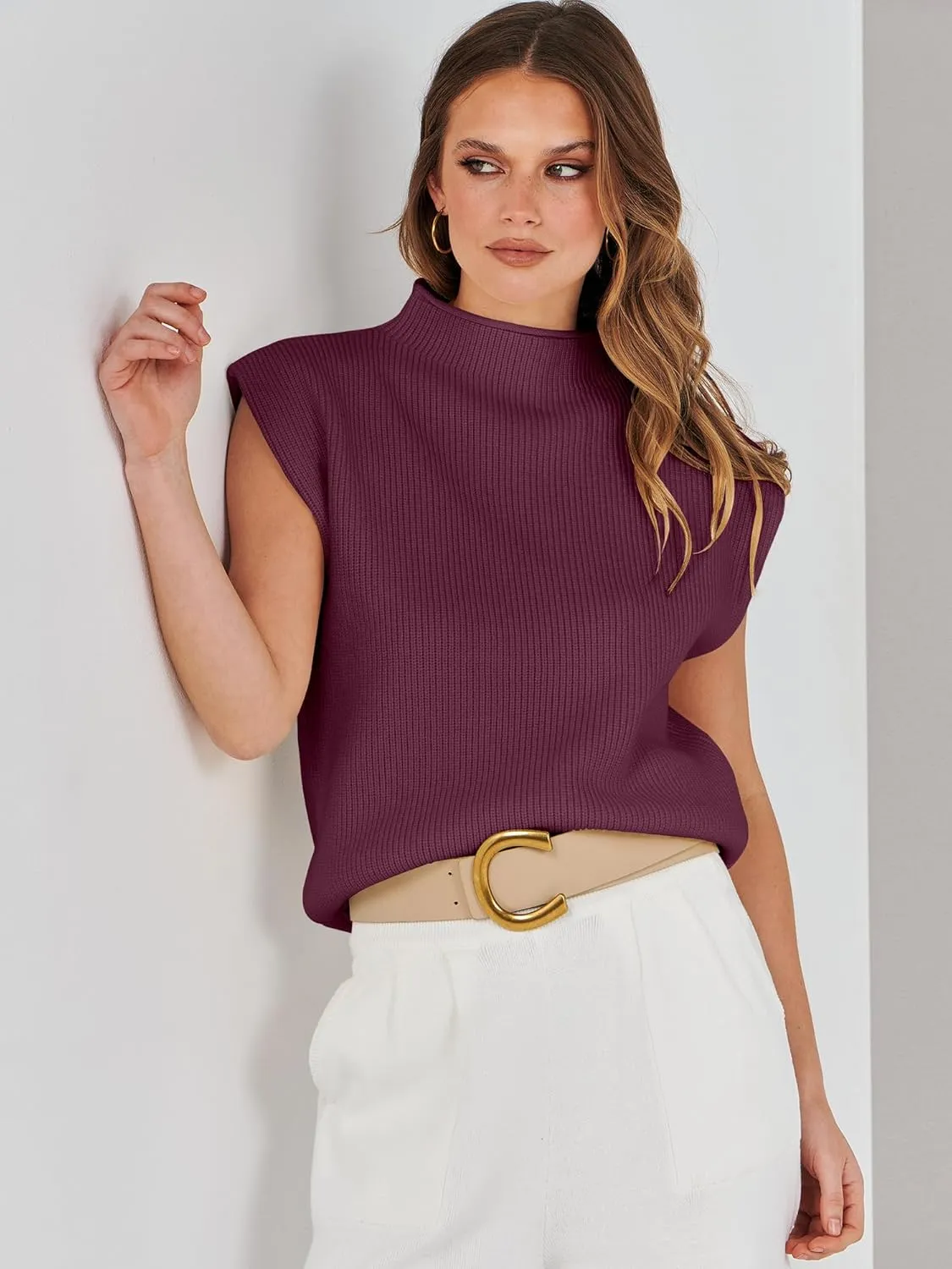 ANRABESS Women's Mock Neck Sleeveless Sweater Vest Casual Cap Sleeve Knit Pullover Tank Tops 2025 Spring Summer Clothes