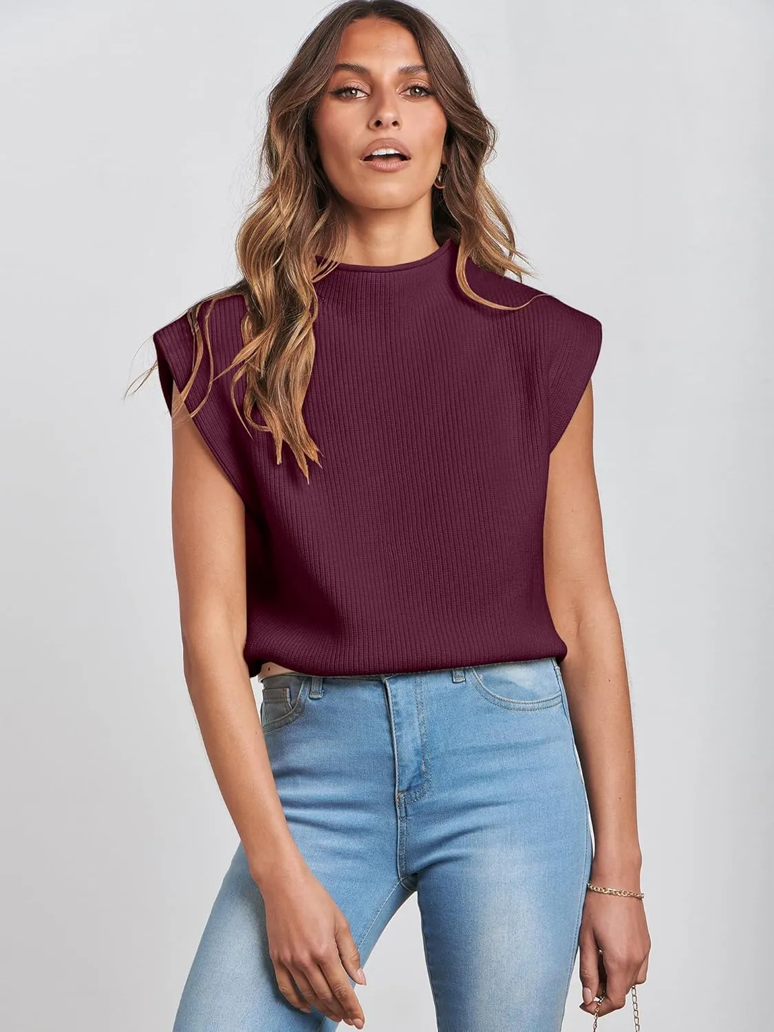 ANRABESS Women's Mock Neck Sleeveless Sweater Vest Casual Cap Sleeve Knit Pullover Tank Tops 2025 Spring Summer Clothes