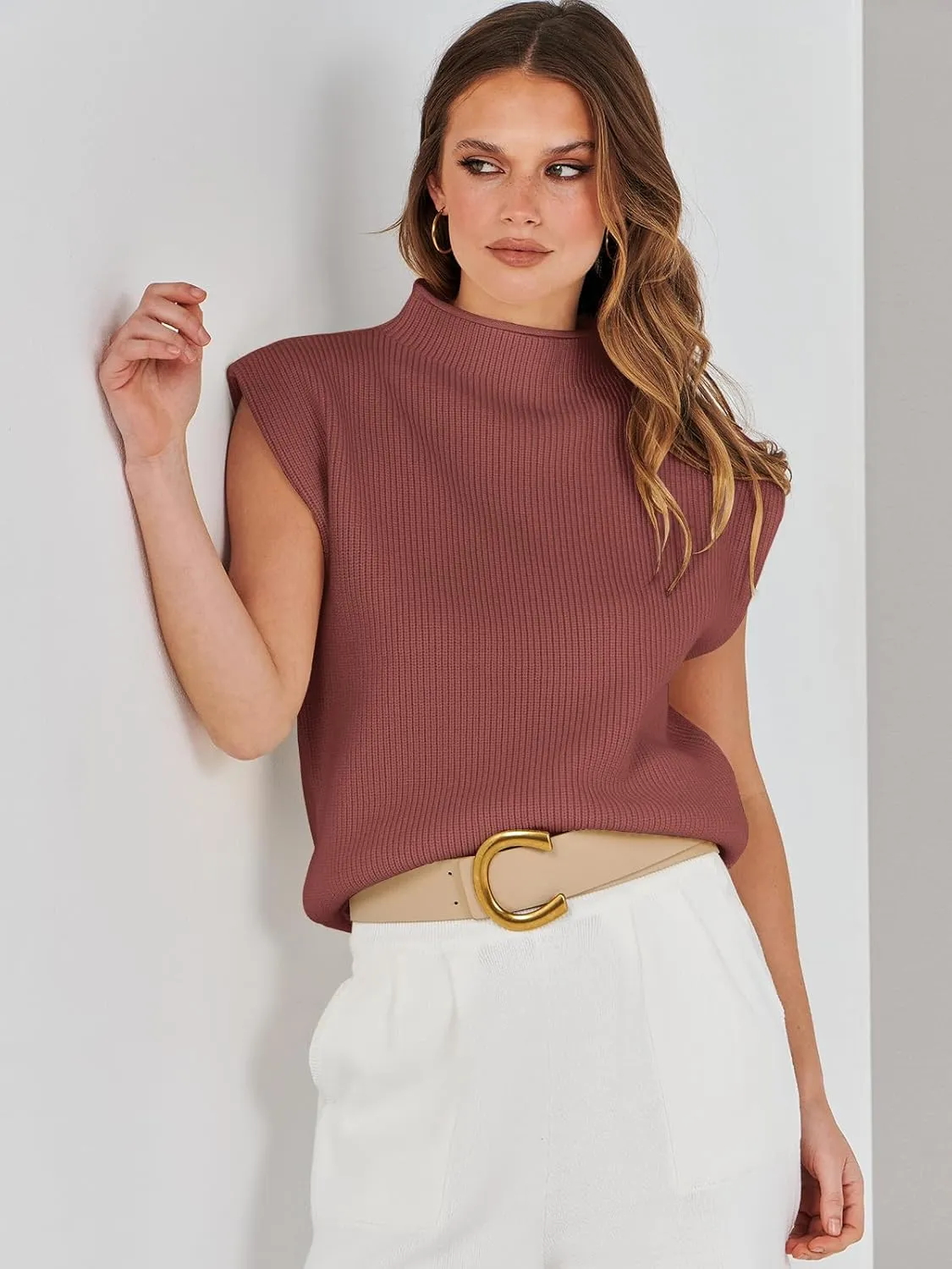 ANRABESS Women's Mock Neck Sleeveless Sweater Vest Casual Cap Sleeve Knit Pullover Tank Tops 2025 Spring Summer Clothes
