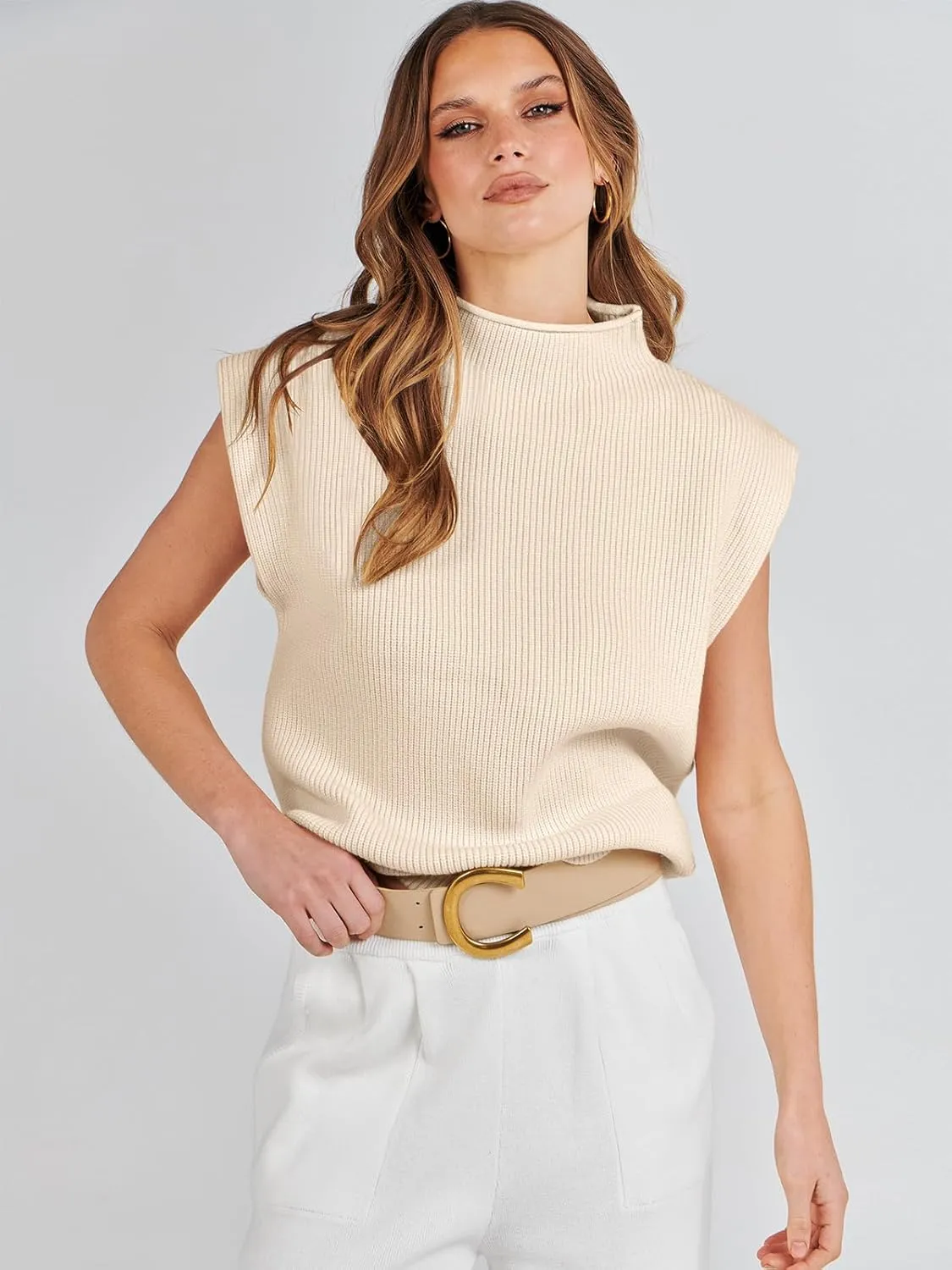 ANRABESS Women's Mock Neck Sleeveless Sweater Vest Casual Cap Sleeve Knit Pullover Tank Tops 2025 Spring Summer Clothes