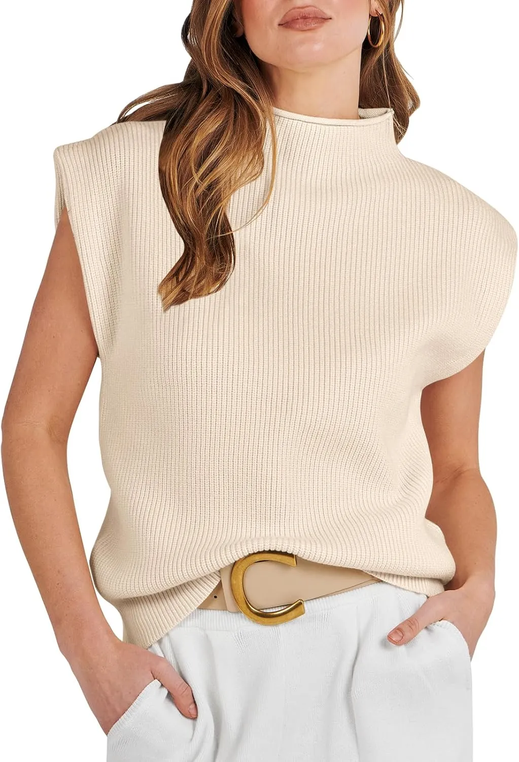ANRABESS Women's Mock Neck Sleeveless Sweater Vest Casual Cap Sleeve Knit Pullover Tank Tops 2025 Spring Summer Clothes