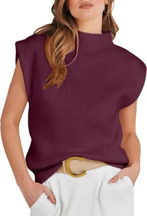 ANRABESS Women's Mock Neck Sleeveless Sweater Vest Casual Cap Sleeve Knit Pullover Tank Tops 2025 Spring Summer Clothes