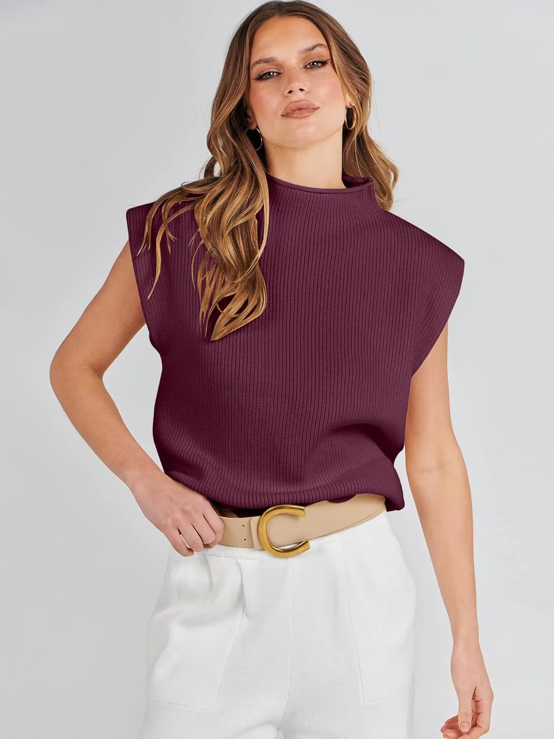 ANRABESS Women's Mock Neck Sleeveless Sweater Vest Casual Cap Sleeve Knit Pullover Tank Tops 2025 Spring Summer Clothes