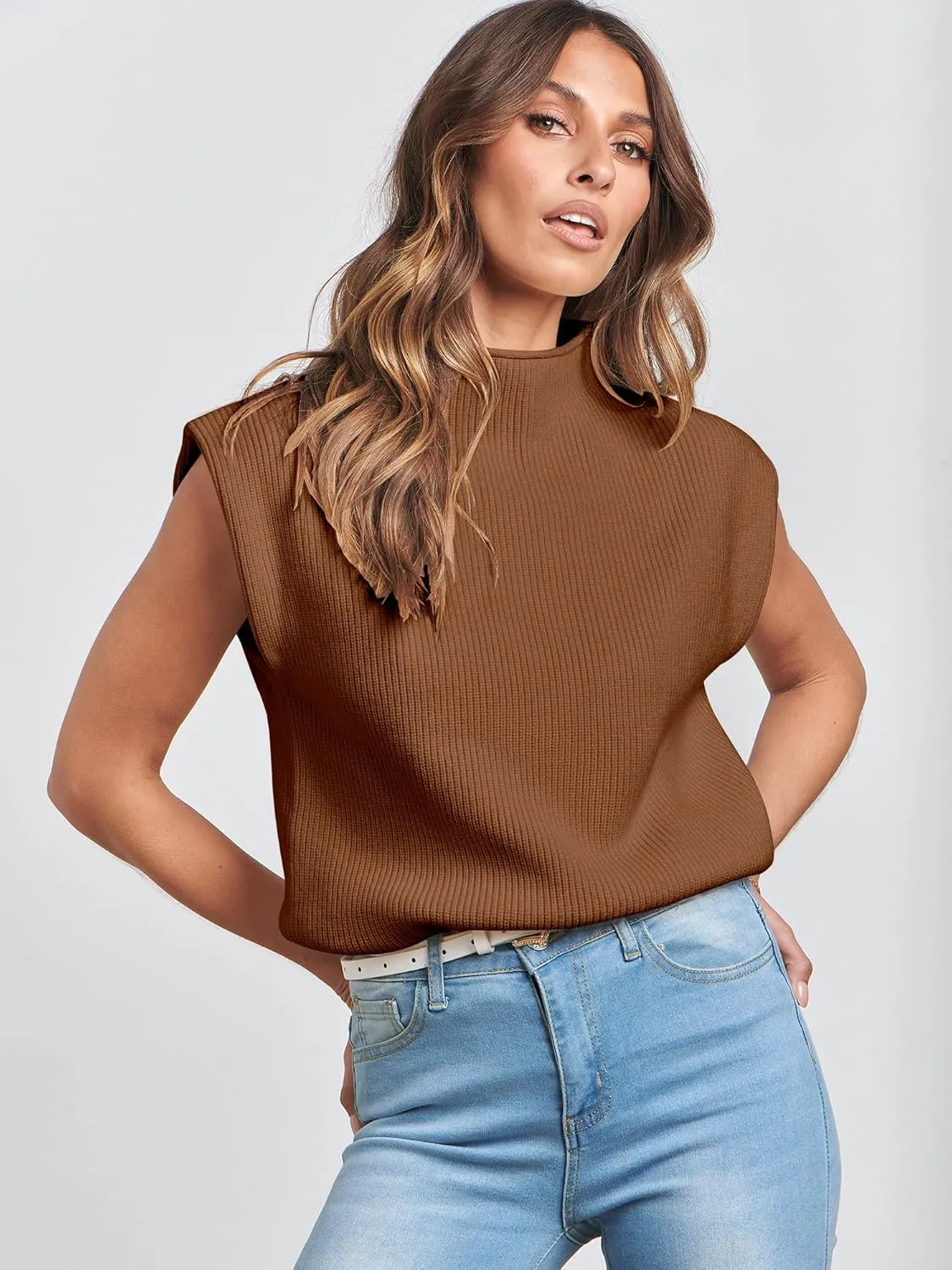 ANRABESS Women's Mock Neck Sleeveless Sweater Vest Casual Cap Sleeve Knit Pullover Tank Tops 2025 Spring Summer Clothes
