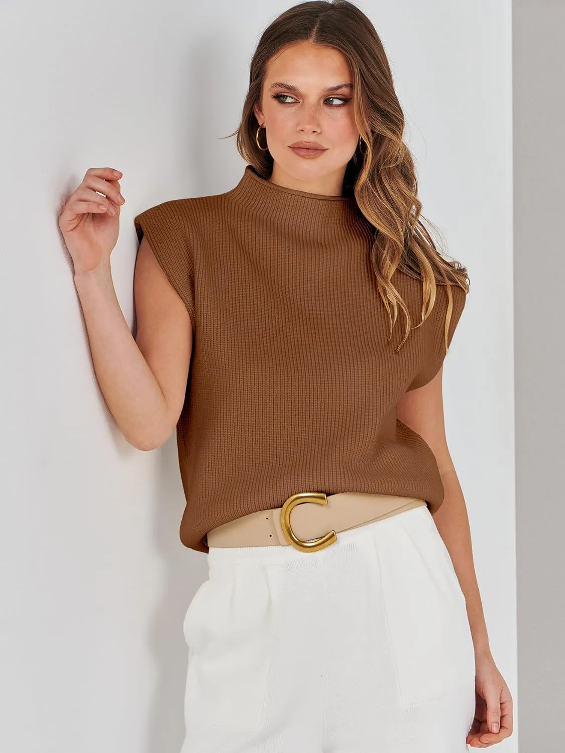 ANRABESS Women's Mock Neck Sleeveless Sweater Vest Casual Cap Sleeve Knit Pullover Tank Tops 2025 Spring Summer Clothes