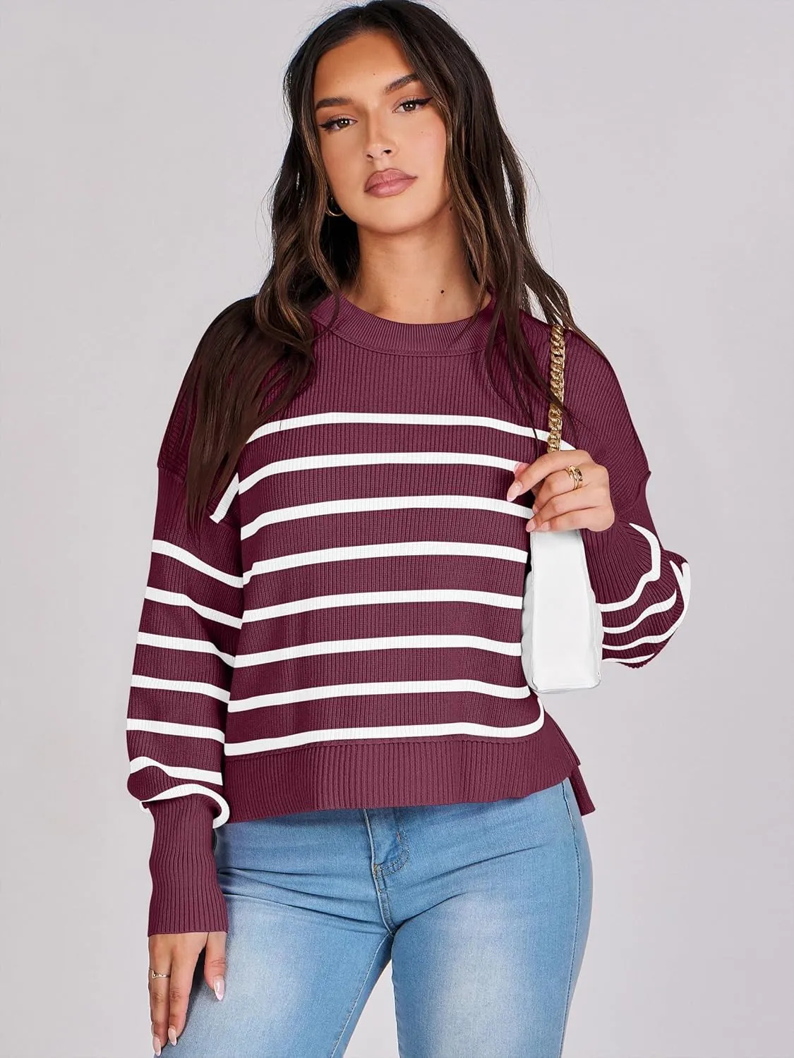 ANRABESS Womens Oversized Crewneck Cropped Sweaters Long Batwing Sleeve Side Slit Ribbed Knit Pullover Tops 2024 Fall Trendy