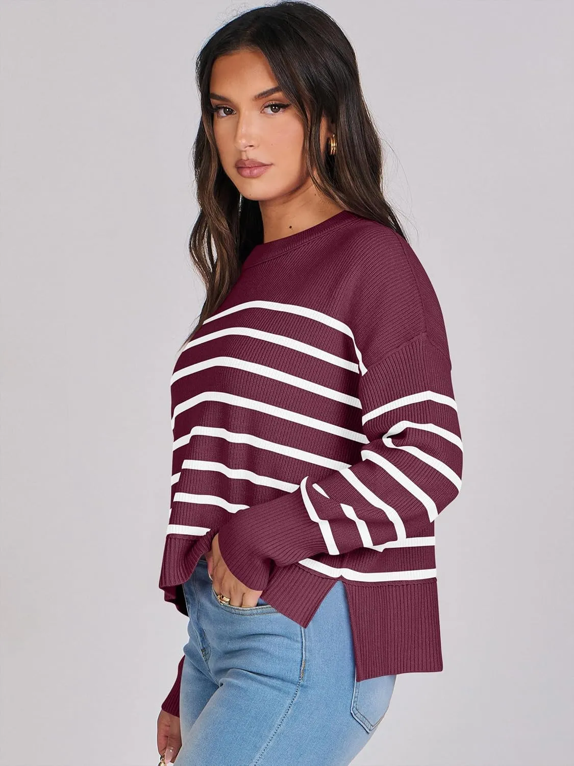 ANRABESS Womens Oversized Crewneck Cropped Sweaters Long Batwing Sleeve Side Slit Ribbed Knit Pullover Tops 2024 Fall Trendy
