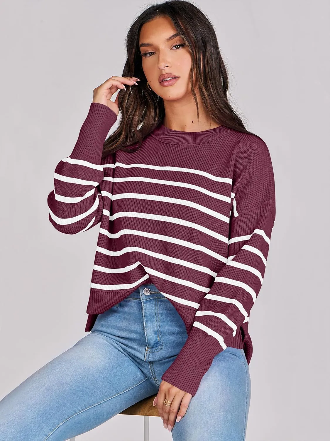 ANRABESS Womens Oversized Crewneck Cropped Sweaters Long Batwing Sleeve Side Slit Ribbed Knit Pullover Tops 2024 Fall Trendy