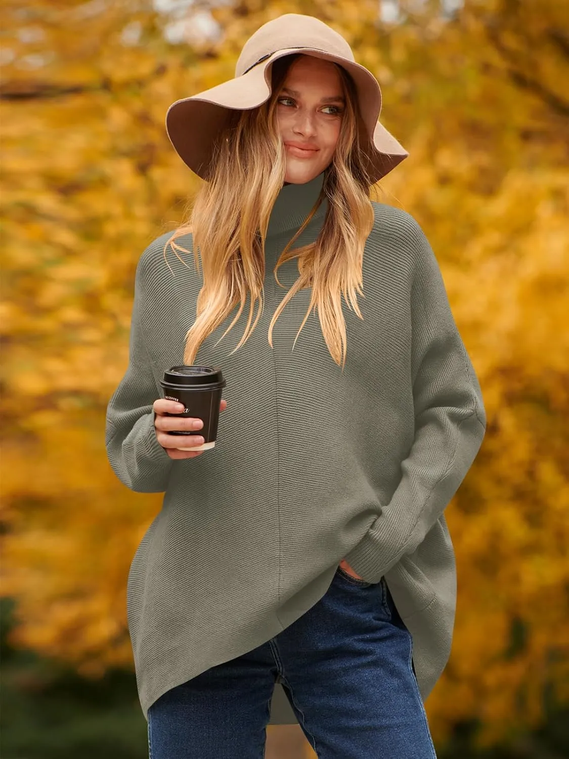 ANRABESS Womens Oversized Turtleneck Batwing Long Sleeve Casual Cozy Baggy Knit Pullover Tunic Sweater 2024 Fall Outfits