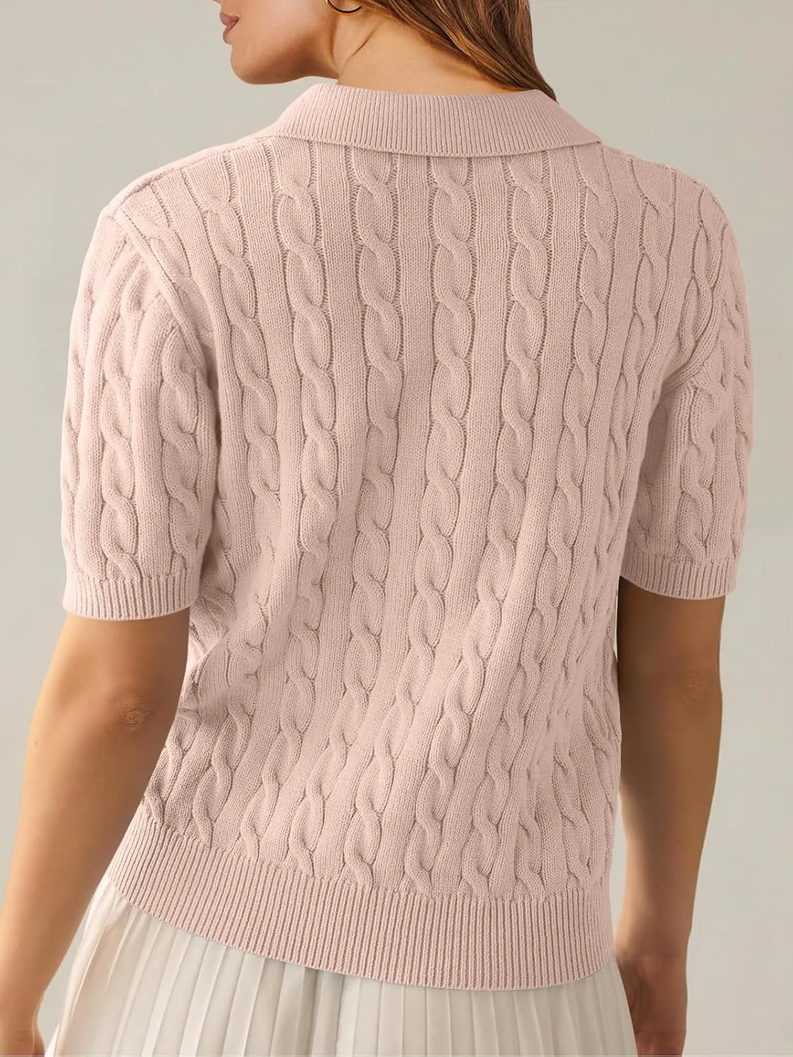 ANRABESS Women's Short Sleeve Sweaters Tops Polo V Neck Cable Knit Casual Soft Pullover Shirts 2025 Summer Outfits