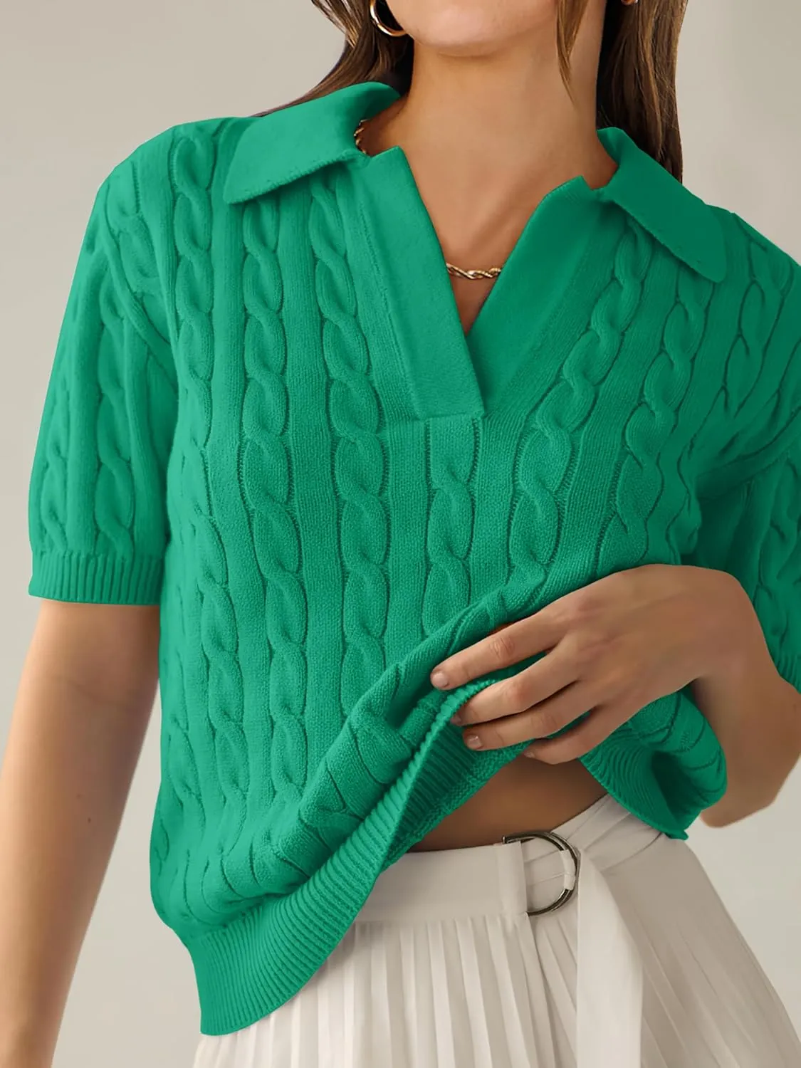 ANRABESS Women's Short Sleeve Sweaters Tops Polo V Neck Cable Knit Casual Soft Pullover Shirts 2025 Summer Outfits