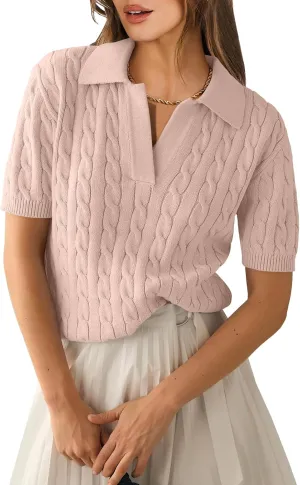 ANRABESS Women's Short Sleeve Sweaters Tops Polo V Neck Cable Knit Casual Soft Pullover Shirts 2025 Summer Outfits