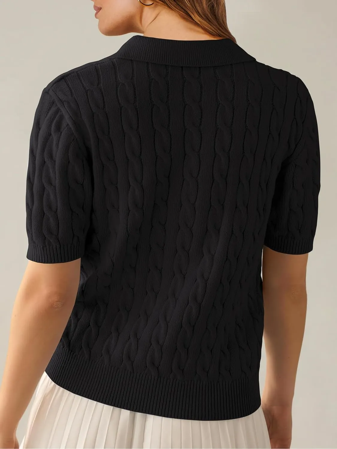 ANRABESS Women's Short Sleeve Sweaters Tops Polo V Neck Cable Knit Casual Soft Pullover Shirts 2025 Summer Outfits