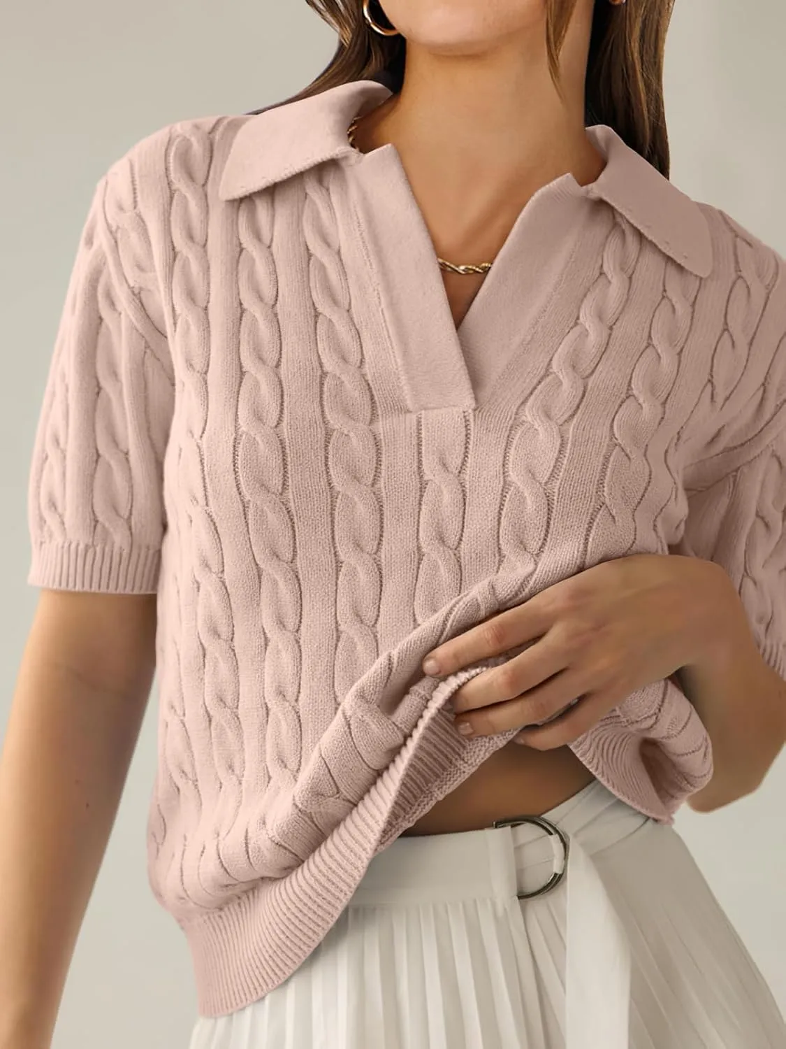ANRABESS Women's Short Sleeve Sweaters Tops Polo V Neck Cable Knit Casual Soft Pullover Shirts 2025 Summer Outfits