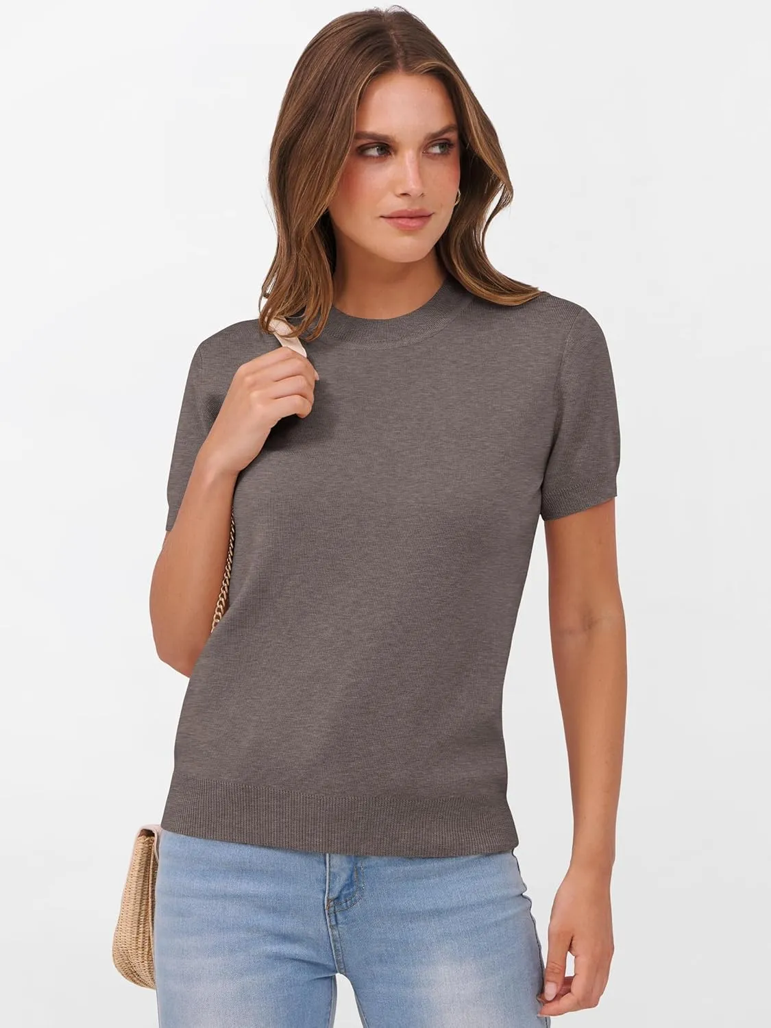 ANRABESS Womens Short Sleeve Sweaters Wool Blend Crew Neck Sweater Shirts Business Casual Work Tops 2025 Summer Outfits
