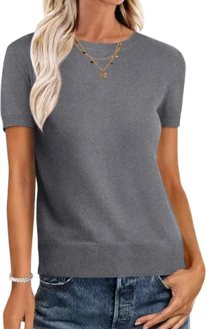 ANRABESS Womens Short Sleeve Sweaters Wool Blend Crew Neck Sweater Shirts Business Casual Work Tops 2025 Summer Outfits