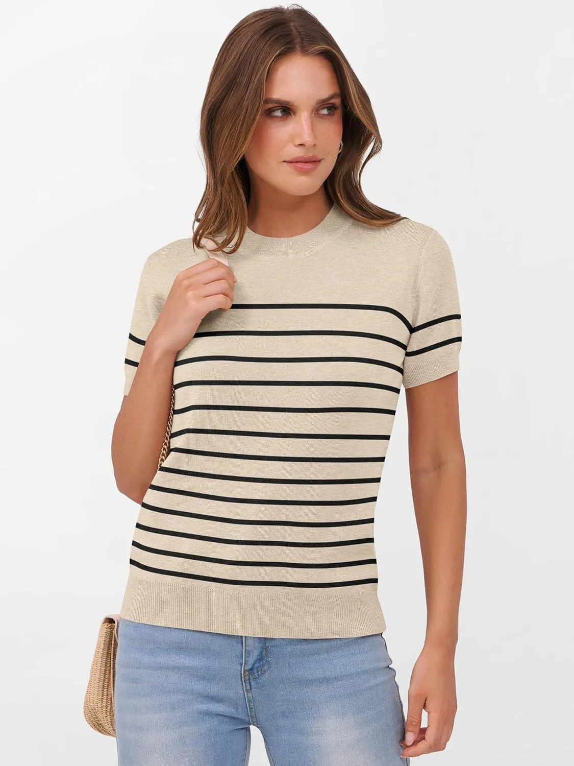 ANRABESS Womens Short Sleeve Sweaters Wool Blend Crew Neck Sweater Shirts Business Casual Work Tops 2025 Summer Outfits
