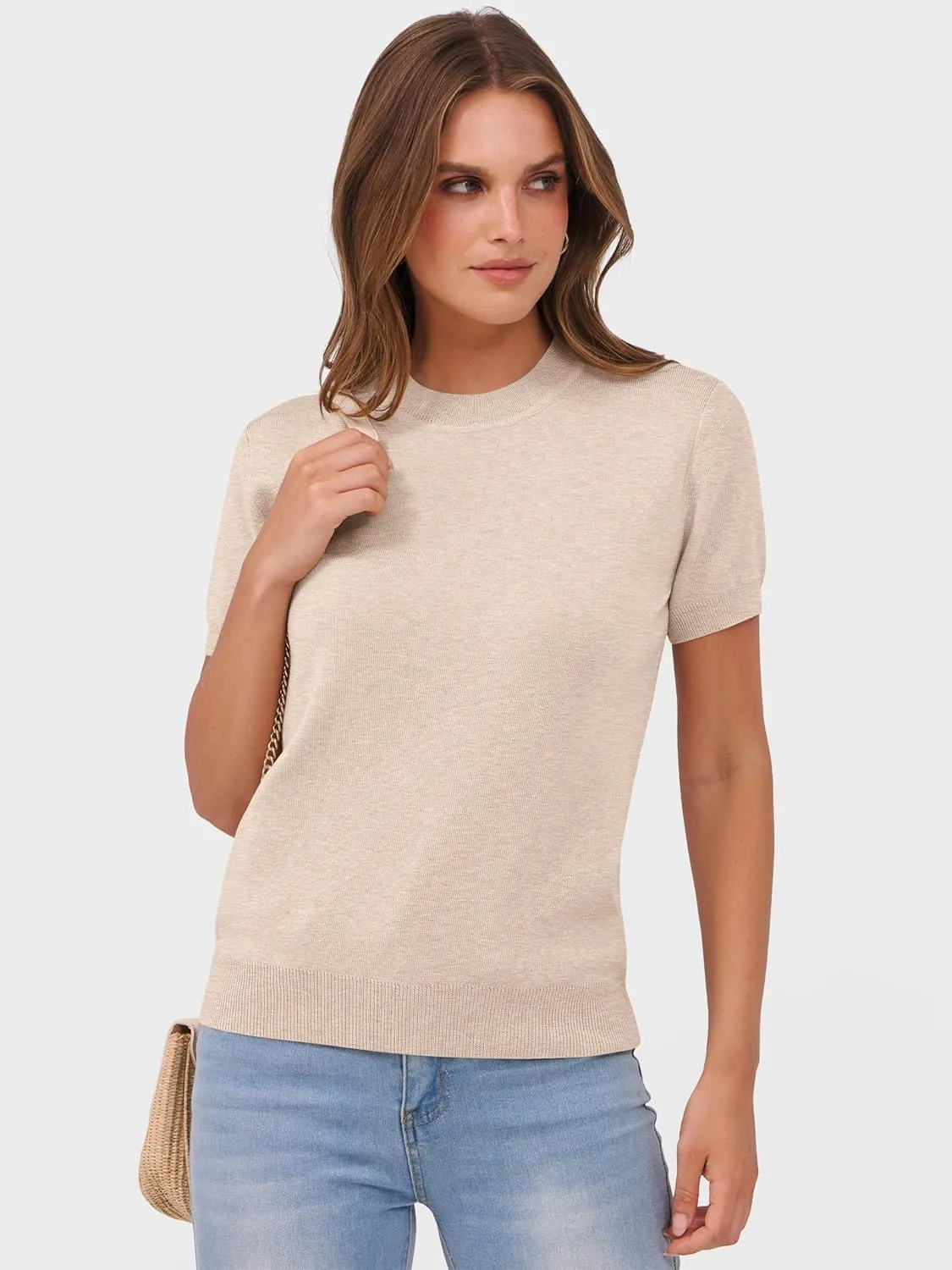 ANRABESS Womens Short Sleeve Sweaters Wool Blend Crew Neck Sweater Shirts Business Casual Work Tops 2025 Summer Outfits