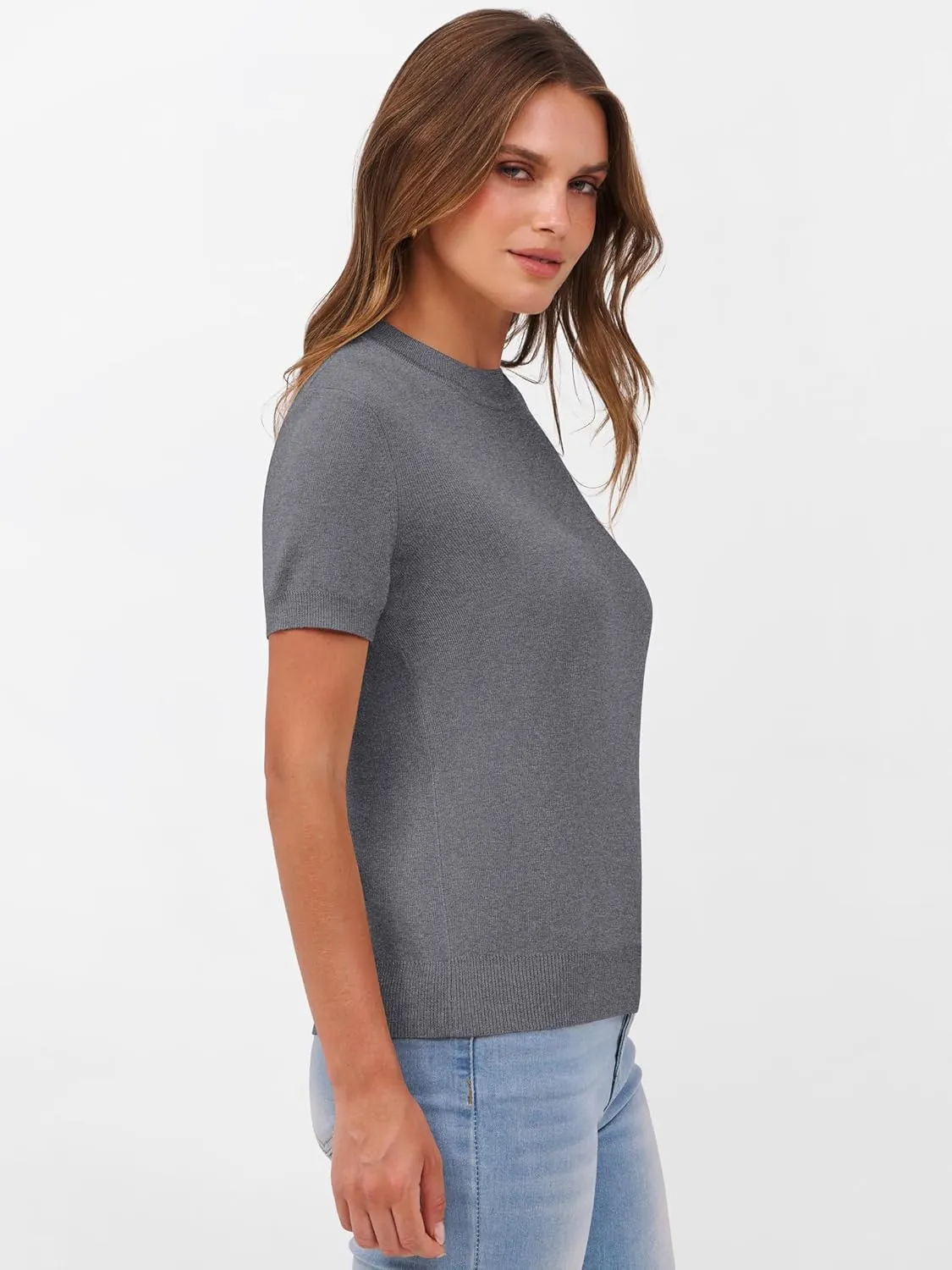 ANRABESS Womens Short Sleeve Sweaters Wool Blend Crew Neck Sweater Shirts Business Casual Work Tops 2025 Summer Outfits