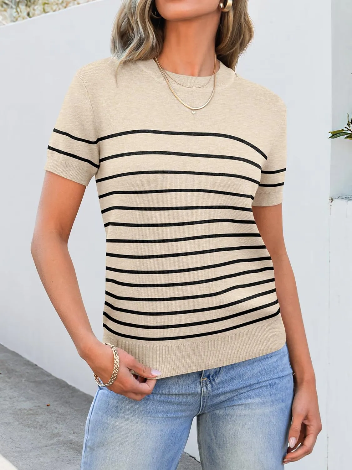 ANRABESS Womens Short Sleeve Sweaters Wool Blend Crew Neck Sweater Shirts Business Casual Work Tops 2025 Summer Outfits
