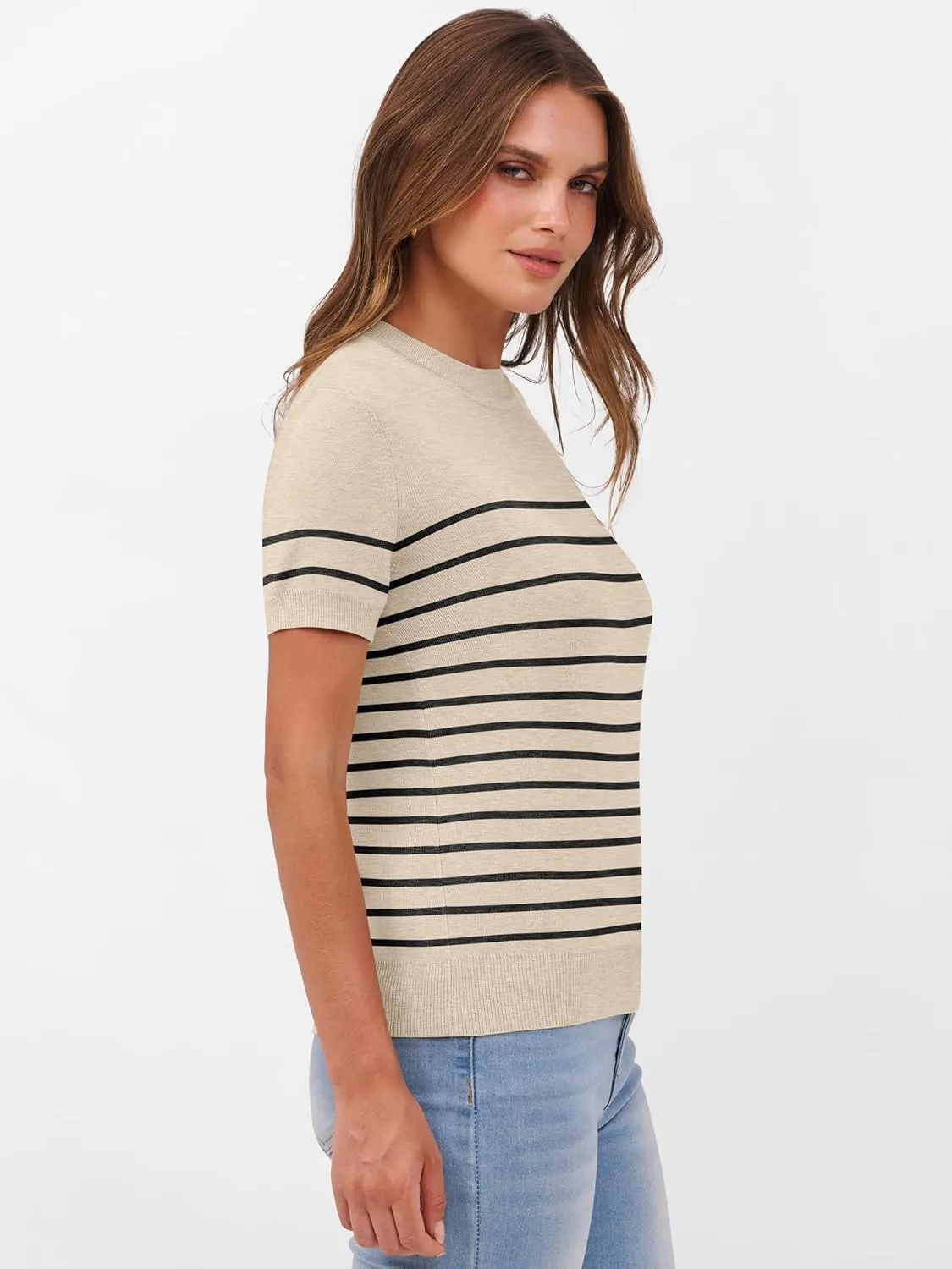 ANRABESS Womens Short Sleeve Sweaters Wool Blend Crew Neck Sweater Shirts Business Casual Work Tops 2025 Summer Outfits