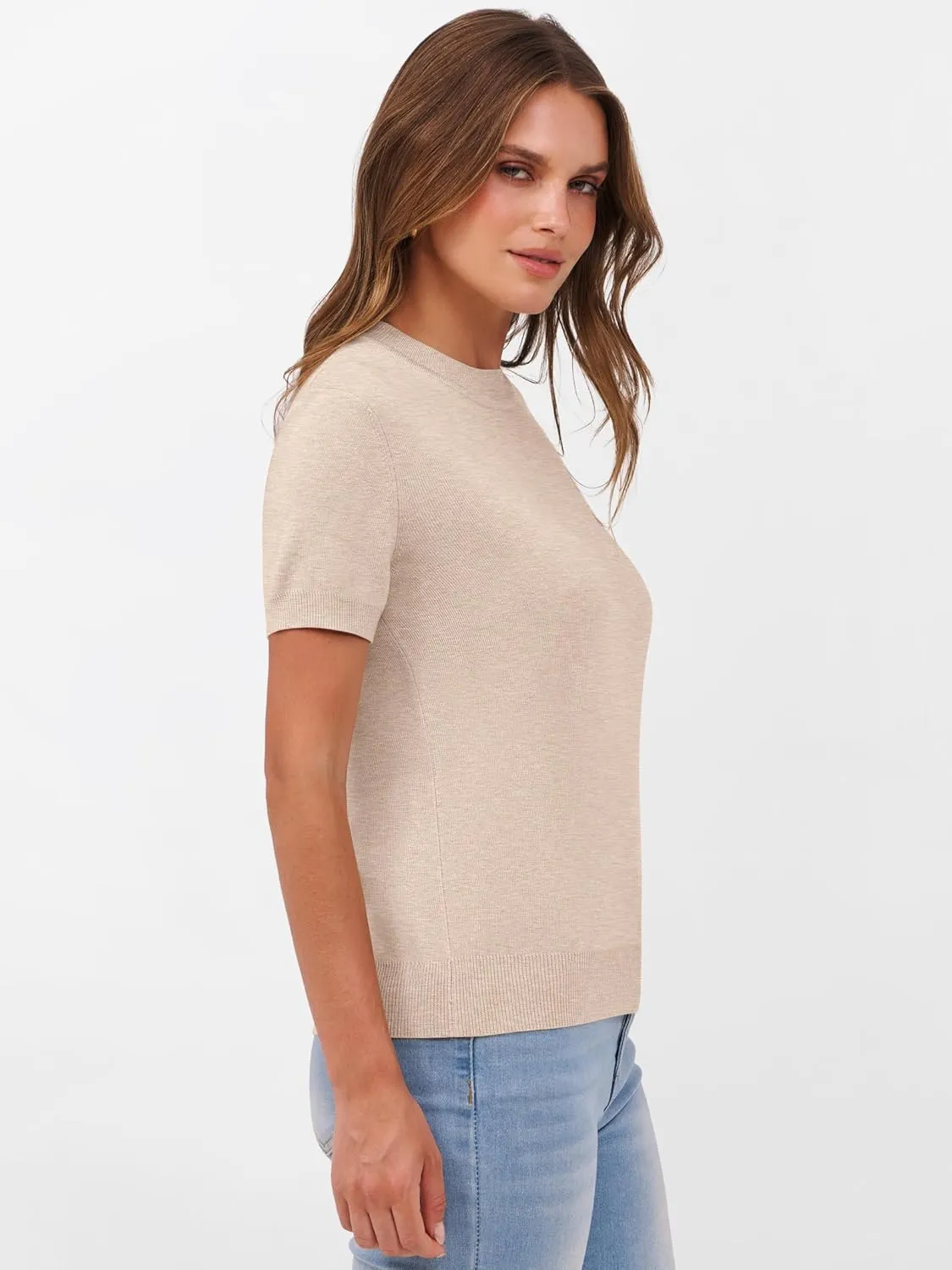 ANRABESS Womens Short Sleeve Sweaters Wool Blend Crew Neck Sweater Shirts Business Casual Work Tops 2025 Summer Outfits