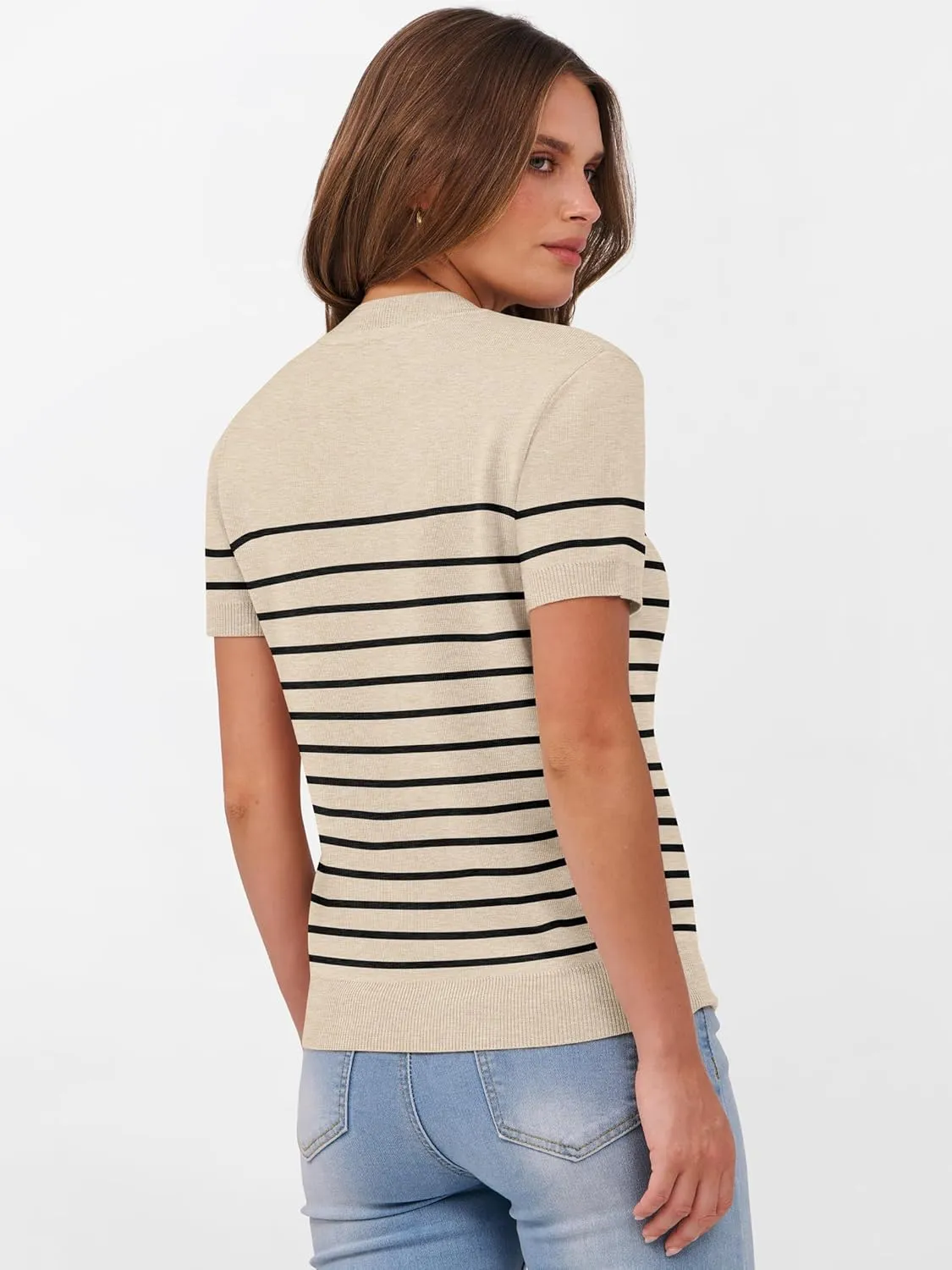 ANRABESS Womens Short Sleeve Sweaters Wool Blend Crew Neck Sweater Shirts Business Casual Work Tops 2025 Summer Outfits