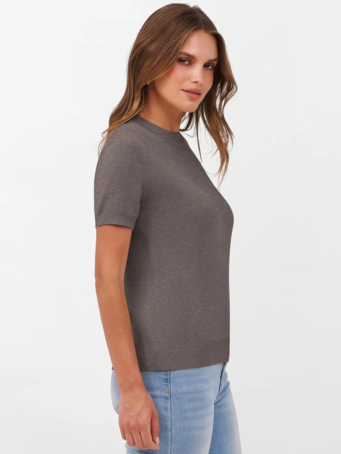 ANRABESS Womens Short Sleeve Sweaters Wool Blend Crew Neck Sweater Shirts Business Casual Work Tops 2025 Summer Outfits