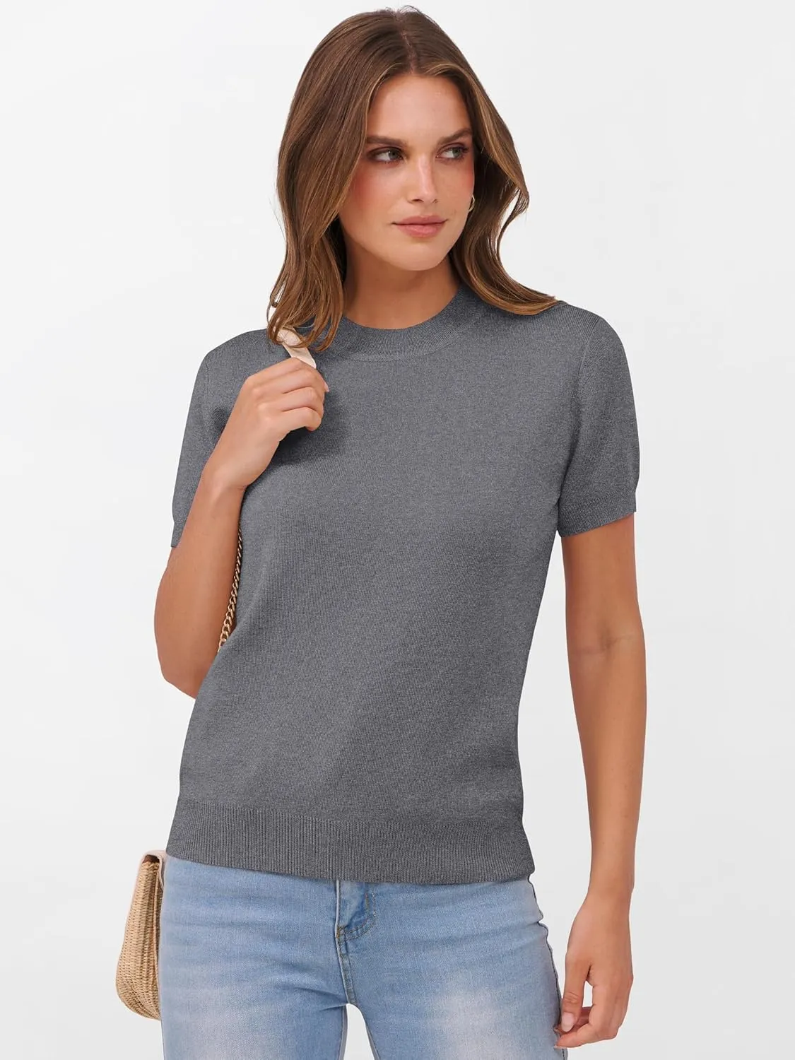 ANRABESS Womens Short Sleeve Sweaters Wool Blend Crew Neck Sweater Shirts Business Casual Work Tops 2025 Summer Outfits