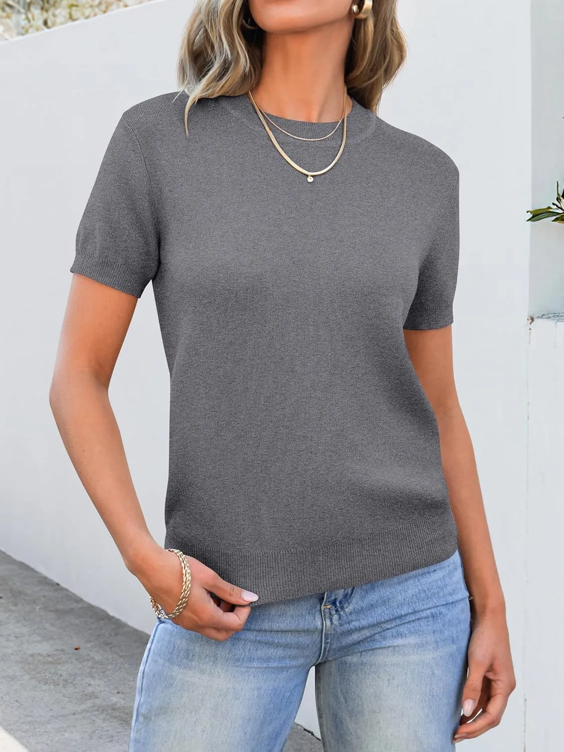 ANRABESS Womens Short Sleeve Sweaters Wool Blend Crew Neck Sweater Shirts Business Casual Work Tops 2025 Summer Outfits