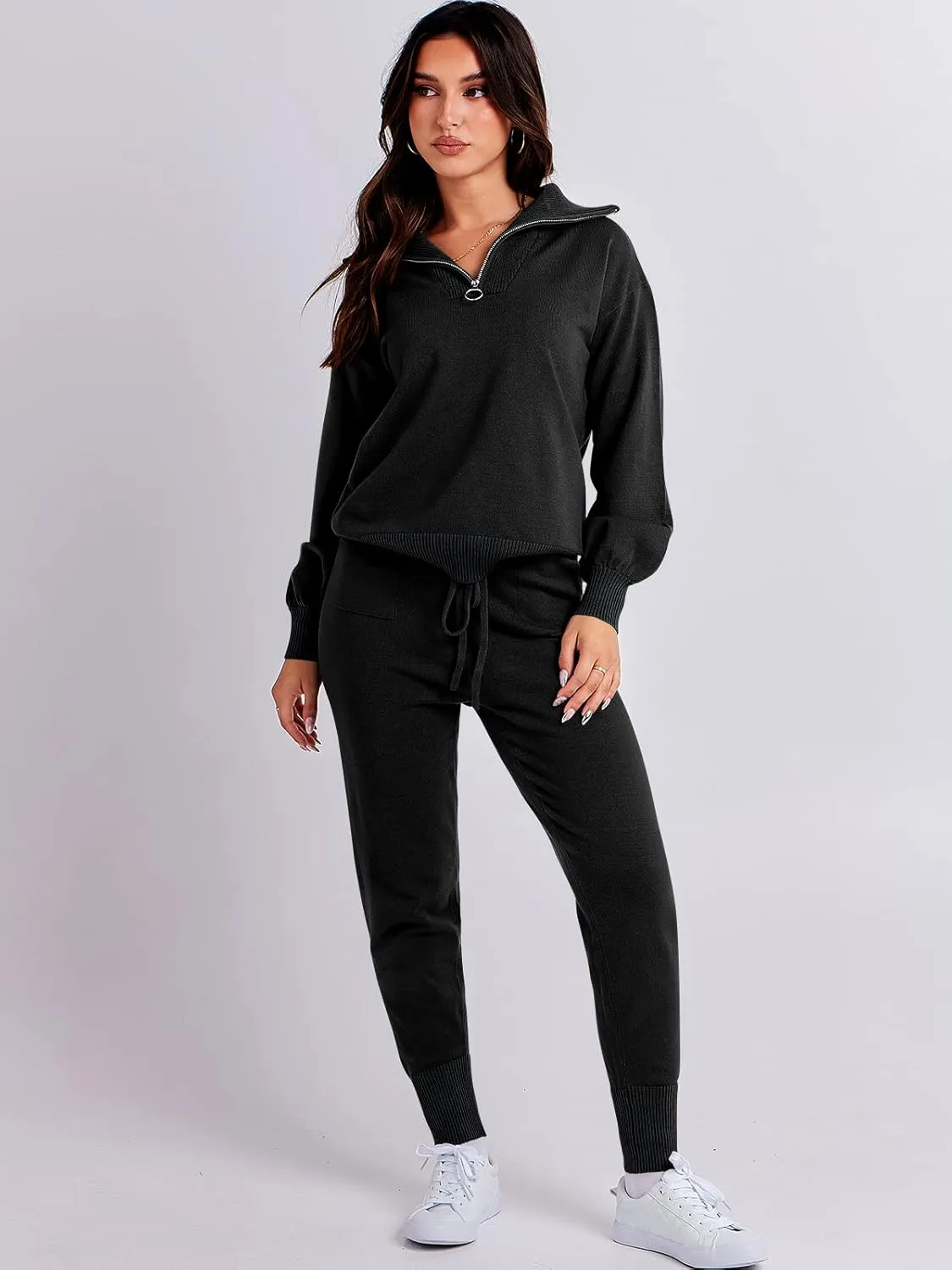 ANRABESS Women's Two Piece Outfits Sweater Sets Long Sleeve Zip Up Knit Pullover Jogger Pants Tracksuit 2024 Fall Lounge Sets