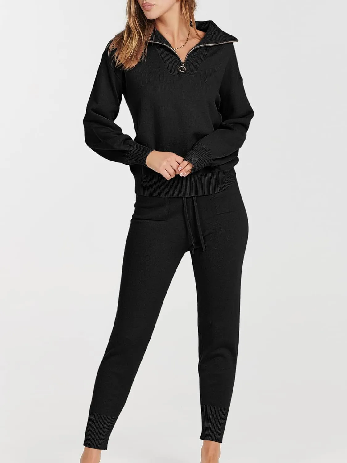 ANRABESS Women's Two Piece Outfits Sweater Sets Long Sleeve Zip Up Knit Pullover Jogger Pants Tracksuit 2024 Fall Lounge Sets
