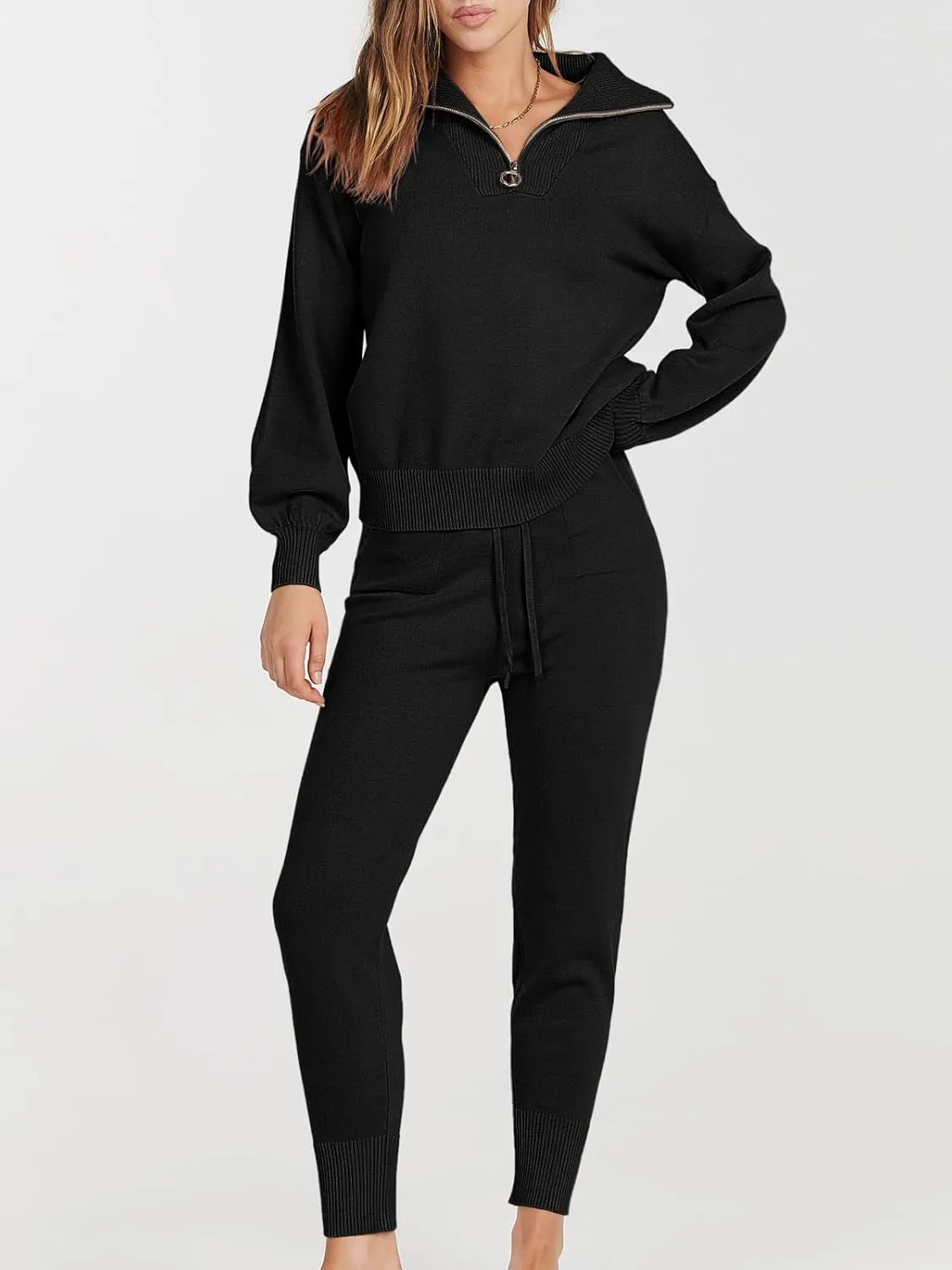 ANRABESS Women's Two Piece Outfits Sweater Sets Long Sleeve Zip Up Knit Pullover Jogger Pants Tracksuit 2024 Fall Lounge Sets