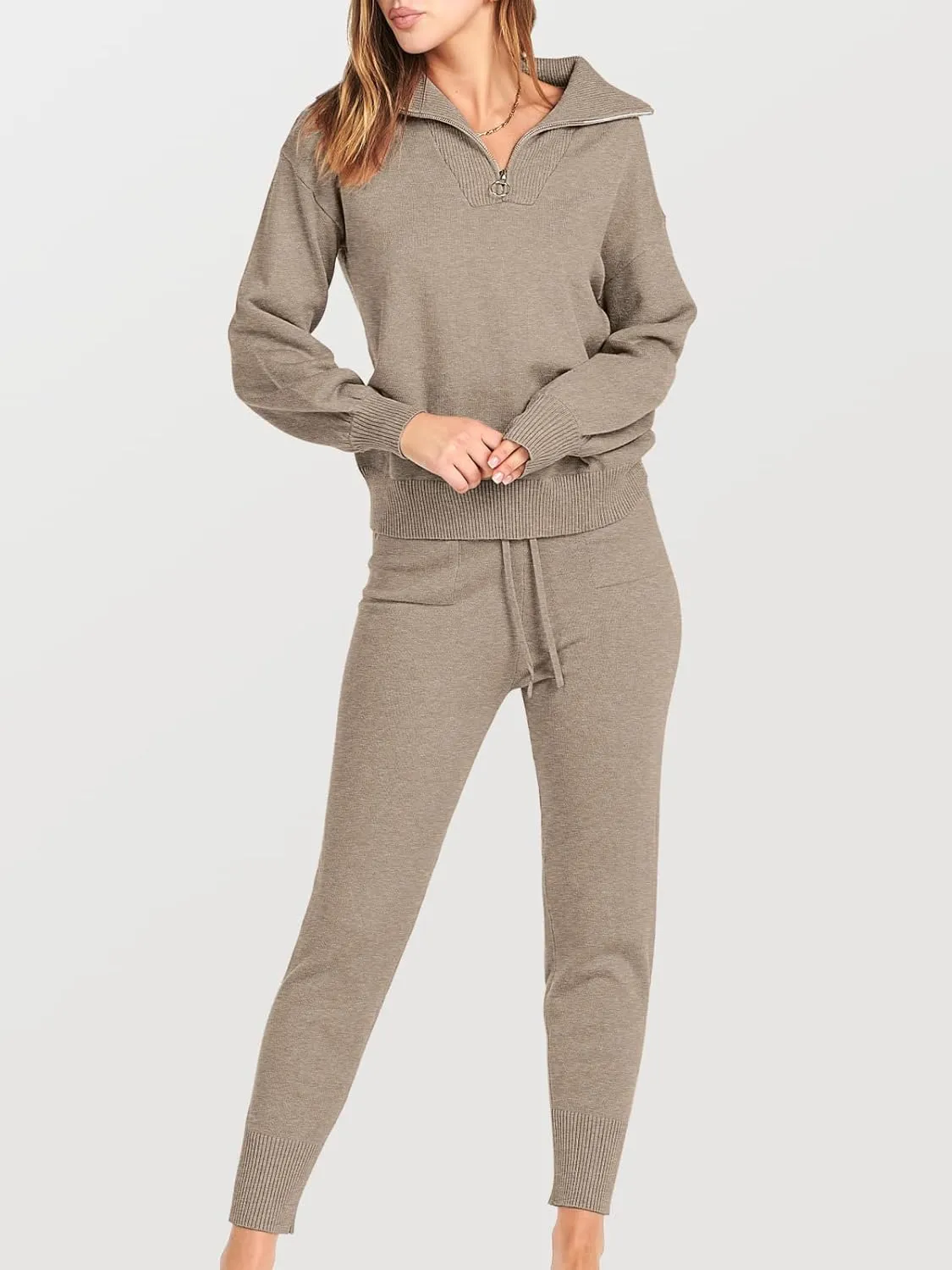 ANRABESS Women's Two Piece Outfits Sweater Sets Long Sleeve Zip Up Knit Pullover Jogger Pants Tracksuit 2024 Fall Lounge Sets