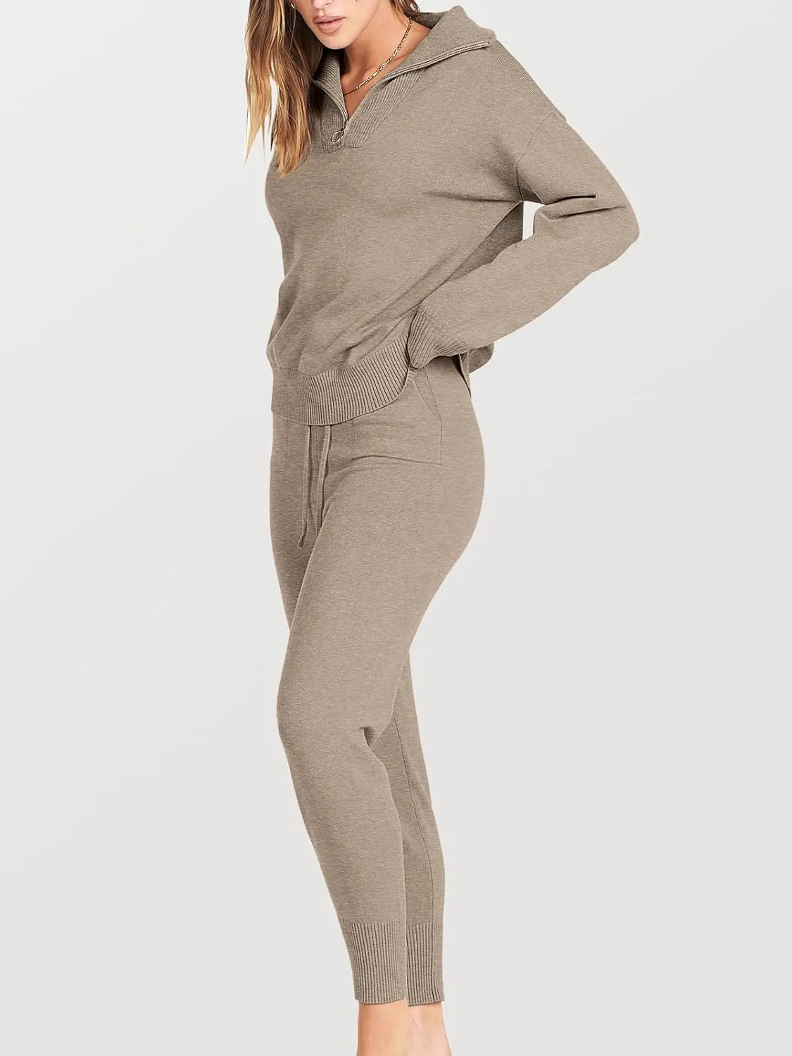 ANRABESS Women's Two Piece Outfits Sweater Sets Long Sleeve Zip Up Knit Pullover Jogger Pants Tracksuit 2024 Fall Lounge Sets