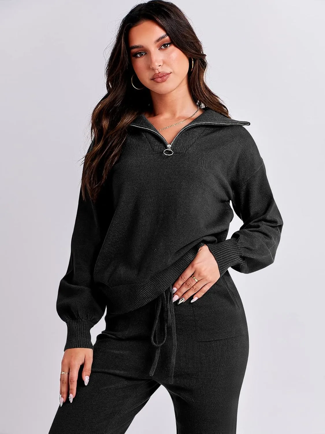 ANRABESS Women's Two Piece Outfits Sweater Sets Long Sleeve Zip Up Knit Pullover Jogger Pants Tracksuit 2024 Fall Lounge Sets