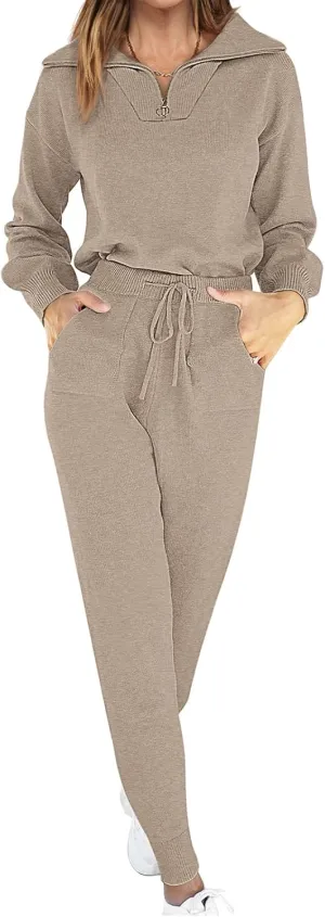 ANRABESS Women's Two Piece Outfits Sweater Sets Long Sleeve Zip Up Knit Pullover Jogger Pants Tracksuit 2024 Fall Lounge Sets