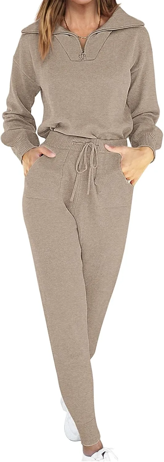ANRABESS Women's Two Piece Outfits Sweater Sets Long Sleeve Zip Up Knit Pullover Jogger Pants Tracksuit 2024 Fall Lounge Sets