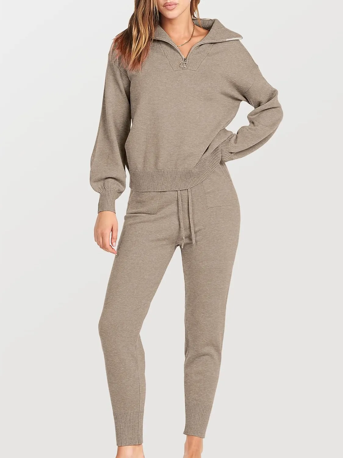 ANRABESS Women's Two Piece Outfits Sweater Sets Long Sleeve Zip Up Knit Pullover Jogger Pants Tracksuit 2024 Fall Lounge Sets