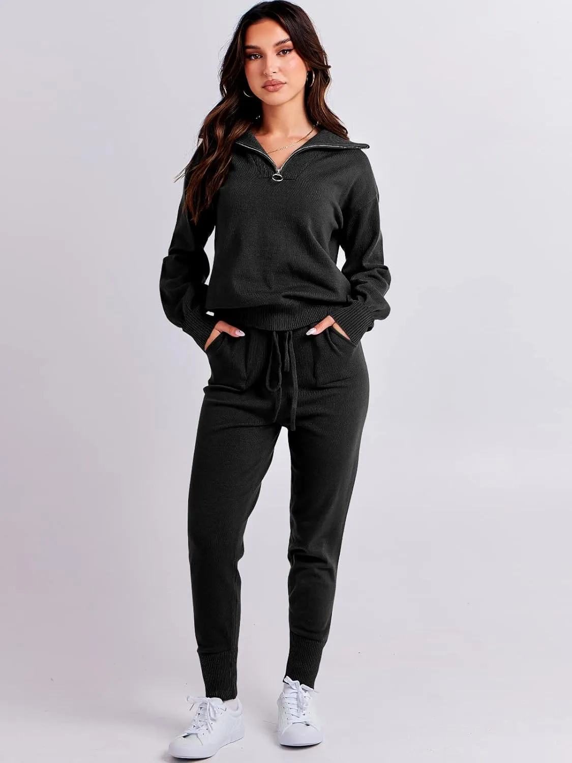 ANRABESS Women's Two Piece Outfits Sweater Sets Long Sleeve Zip Up Knit Pullover Jogger Pants Tracksuit 2024 Fall Lounge Sets