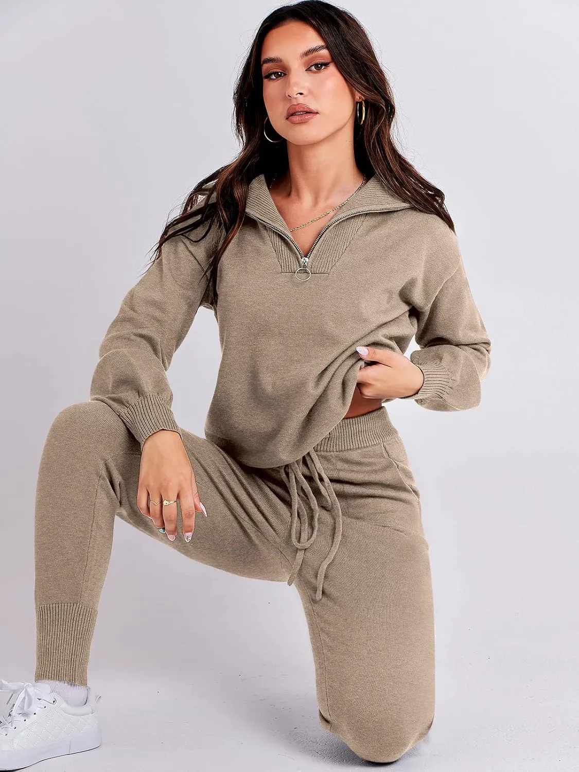 ANRABESS Women's Two Piece Outfits Sweater Sets Long Sleeve Zip Up Knit Pullover Jogger Pants Tracksuit 2024 Fall Lounge Sets