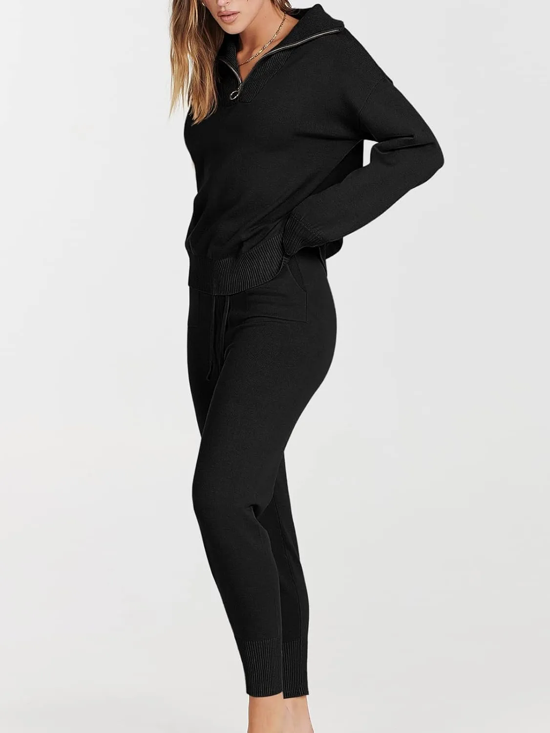 ANRABESS Women's Two Piece Outfits Sweater Sets Long Sleeve Zip Up Knit Pullover Jogger Pants Tracksuit 2024 Fall Lounge Sets