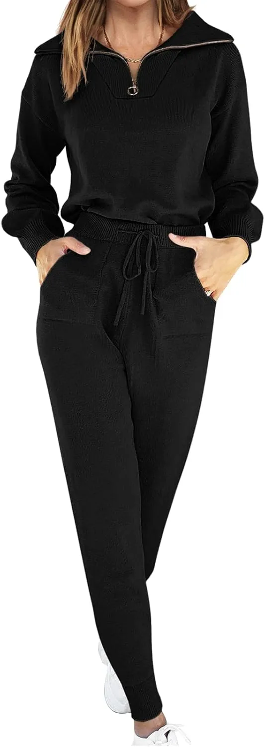 ANRABESS Women's Two Piece Outfits Sweater Sets Long Sleeve Zip Up Knit Pullover Jogger Pants Tracksuit 2024 Fall Lounge Sets