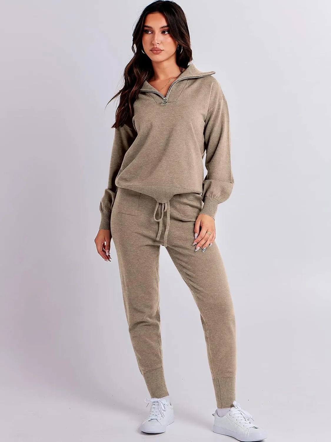 ANRABESS Women's Two Piece Outfits Sweater Sets Long Sleeve Zip Up Knit Pullover Jogger Pants Tracksuit 2024 Fall Lounge Sets