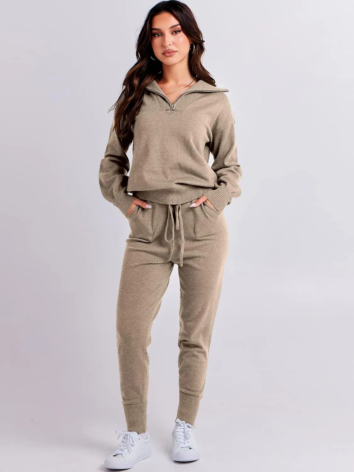 ANRABESS Women's Two Piece Outfits Sweater Sets Long Sleeve Zip Up Knit Pullover Jogger Pants Tracksuit 2024 Fall Lounge Sets