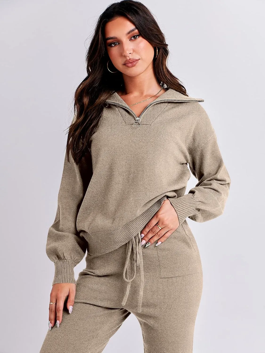 ANRABESS Women's Two Piece Outfits Sweater Sets Long Sleeve Zip Up Knit Pullover Jogger Pants Tracksuit 2024 Fall Lounge Sets