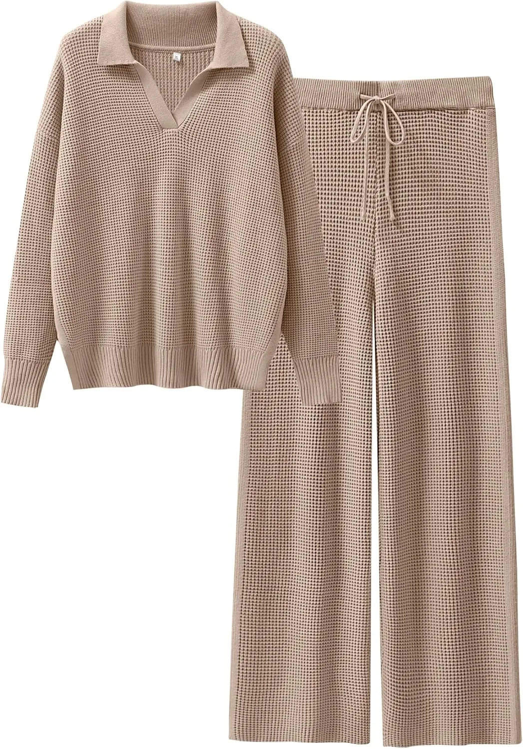 ANRABESS Womens Two Piece Outfits Sweater Sets Waffle Knit Pullover Wide Leg Pants Tracksuit Sweatsuits Matching Lounge Set