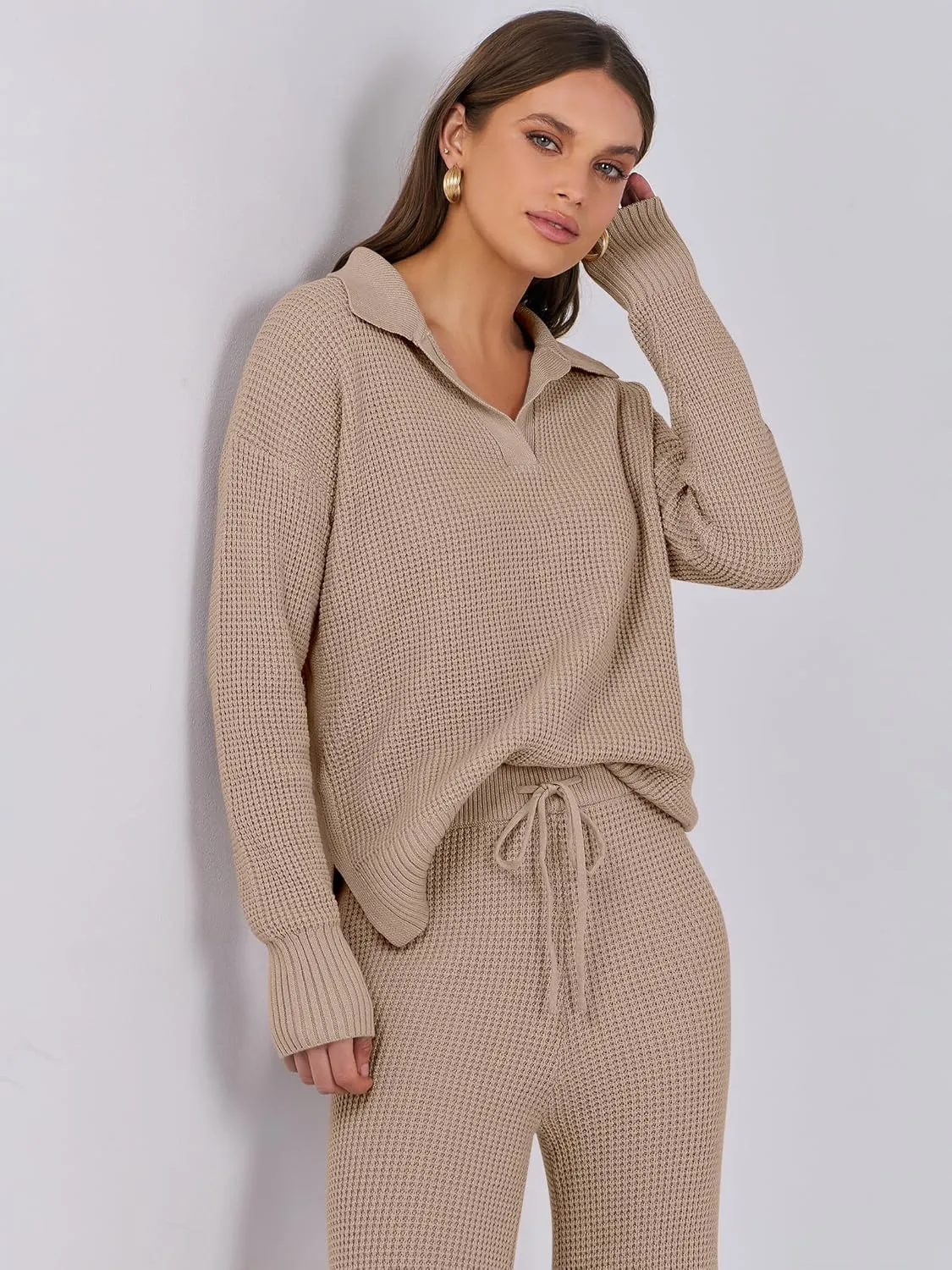 ANRABESS Womens Two Piece Outfits Sweater Sets Waffle Knit Pullover Wide Leg Pants Tracksuit Sweatsuits Matching Lounge Set
