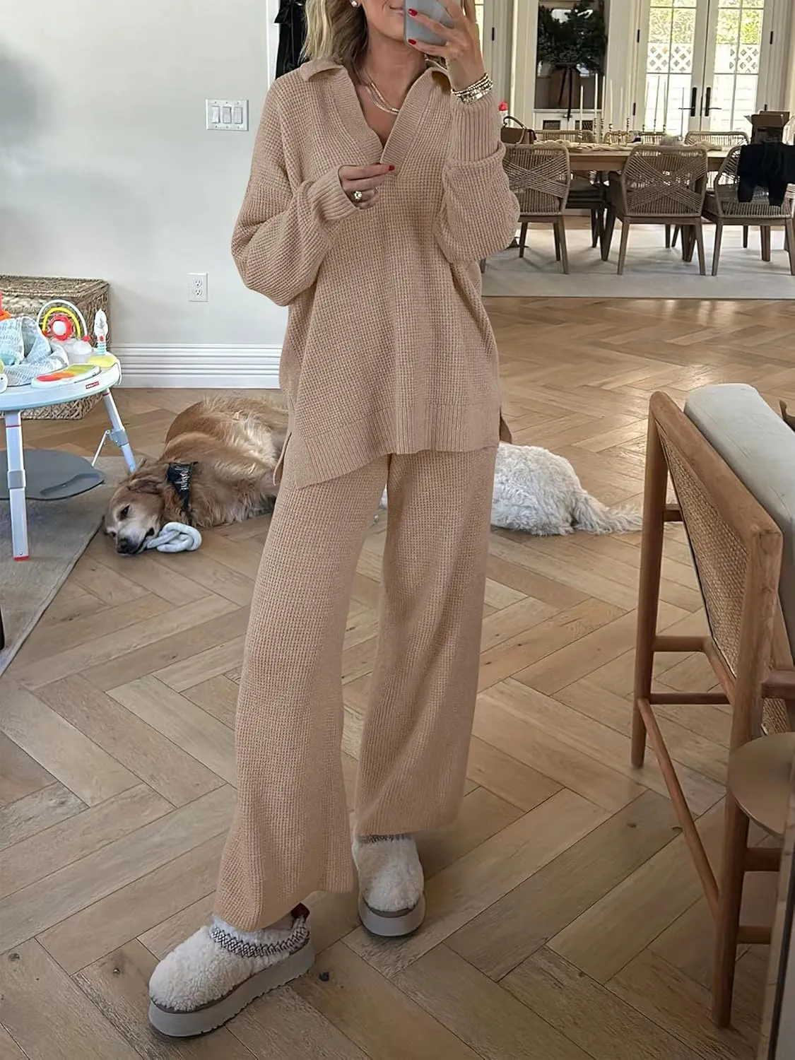 ANRABESS Womens Two Piece Outfits Sweater Sets Waffle Knit Pullover Wide Leg Pants Tracksuit Sweatsuits Matching Lounge Set