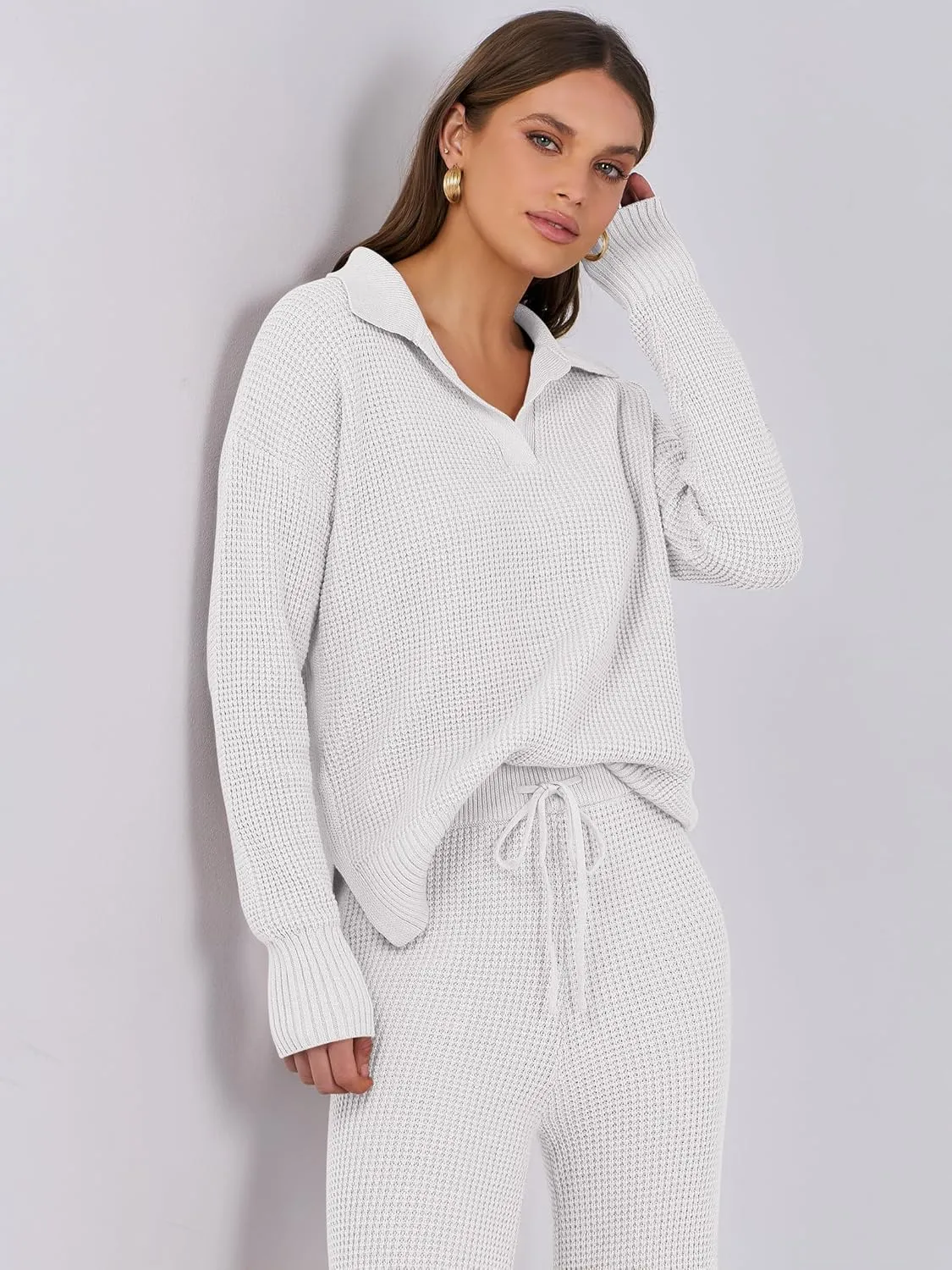 ANRABESS Womens Two Piece Outfits Sweater Sets Waffle Knit Pullover Wide Leg Pants Tracksuit Sweatsuits Matching Lounge Set